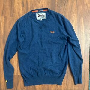 SUPERDRY Men's Jumper V Neck Cotton Cashmere Blue Pullover XL